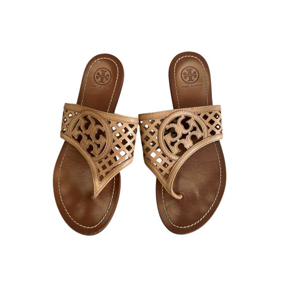 TORY BURCH Tan Leather Logo Sandals Size 7 - Picture 3 of 6